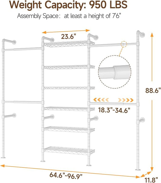 ONBRILL H3 Wall Mounted Closet System, Expandable Industrial Pipe Clothes Rack - Image 2