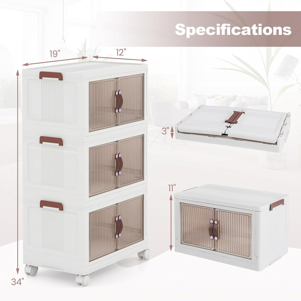 HOMGX 3 Tier Stackable Storage Bins, Collapsible Closet Organizers w/Wheels a...