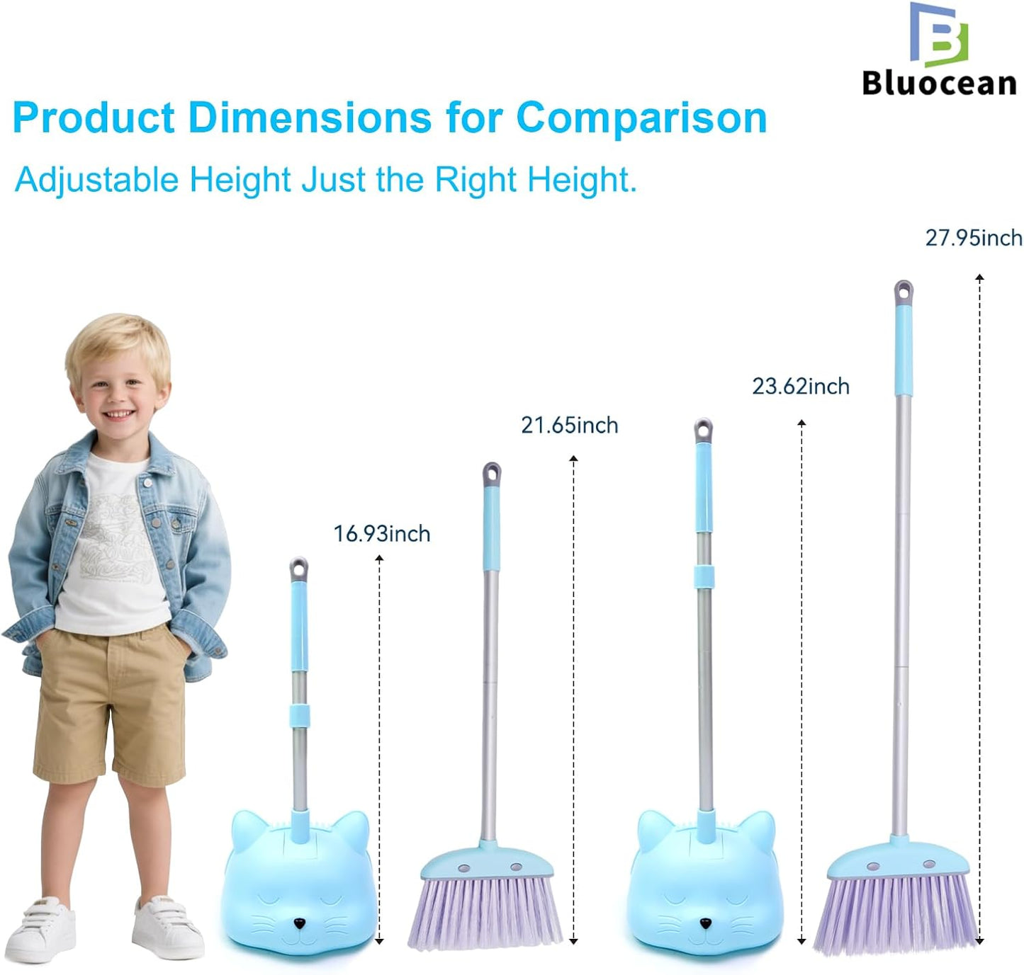 28'' Kids Mini Broom and Dustpan Set - Toddler Cleaning Toy, Toddler Household Helper, Parent-Child Interactive Play Cleaning Tool, Cute Cartoon Design, Small Safe Corner Broom (Blue)