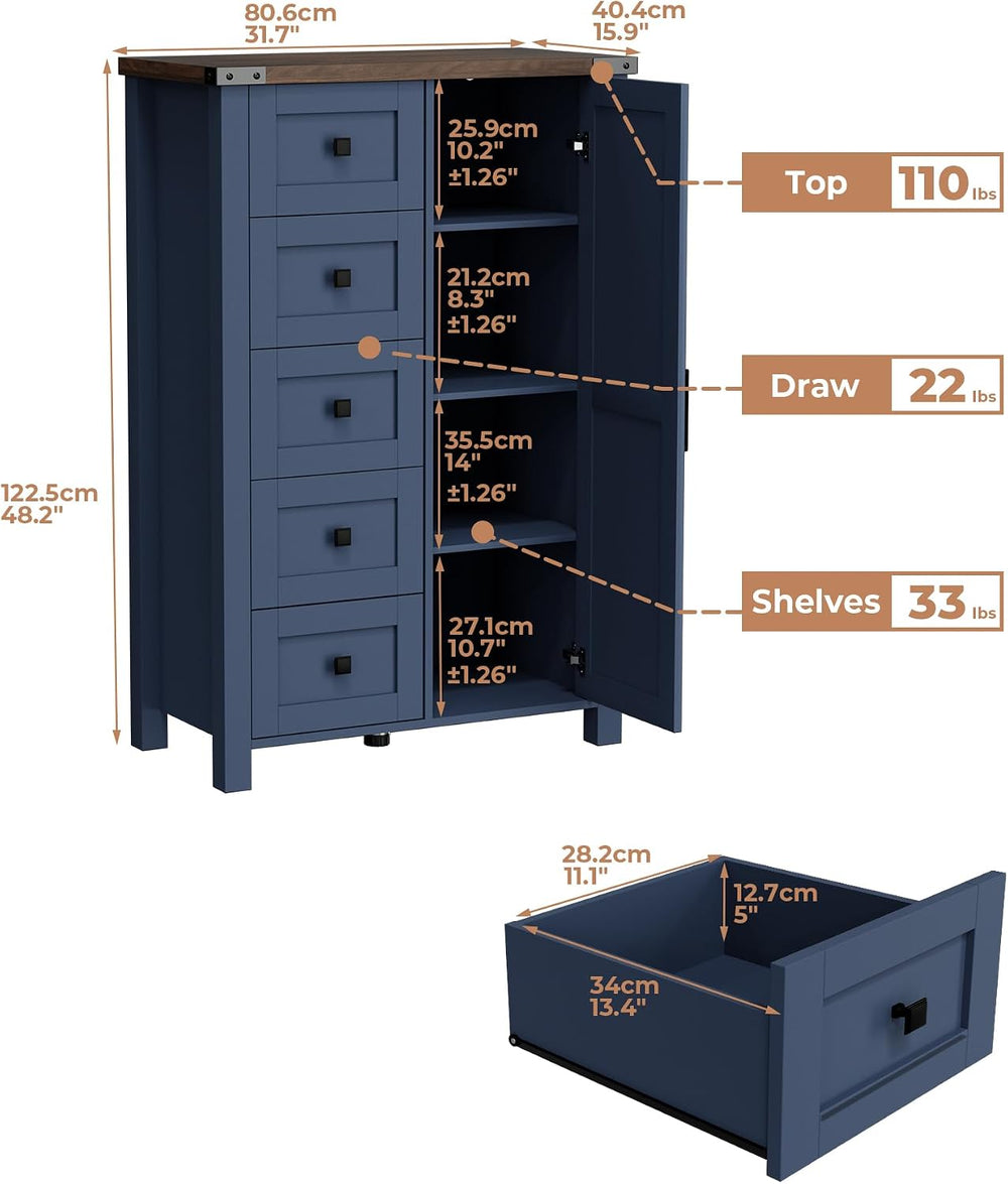 VVFLU Farmhouse Tall Dresser Chest of Drawer for Bedroom, 5 Drawer Storage Ca...