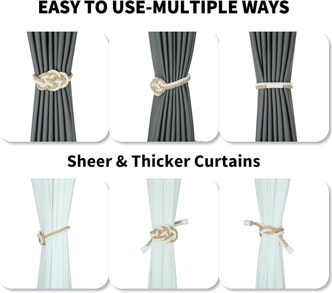 4 Pack Natural Jute Magnetic Curtain Tiebacks, Boho Rustic Style Decorative - Image 4