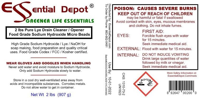 Essential Depot 32 lbs Food Grade Sodium Hydroxide Lye Evenly-Sized Micro Pels (Beads or Particles) - 16 x 2lb Bottles - Lye Drain Cleaner - HDPE Container with Resealable Child Resistant Cap