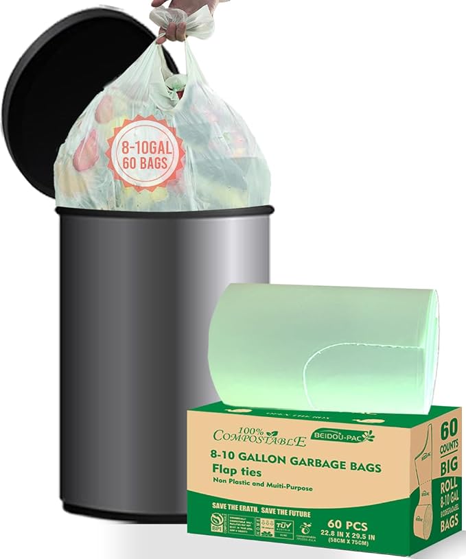 8-10 Gallon Flap Tie Compostable Trash Bags, Compost Bags Kitchen Trash Bags by BEIDOU-PAC