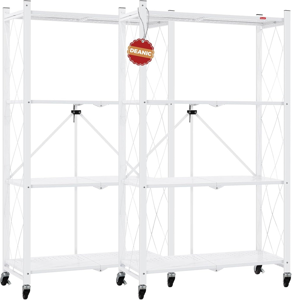 DEANIC 4 Tier Foldable Storage Shelves with Wheels, Large Capacity Shelving U...
