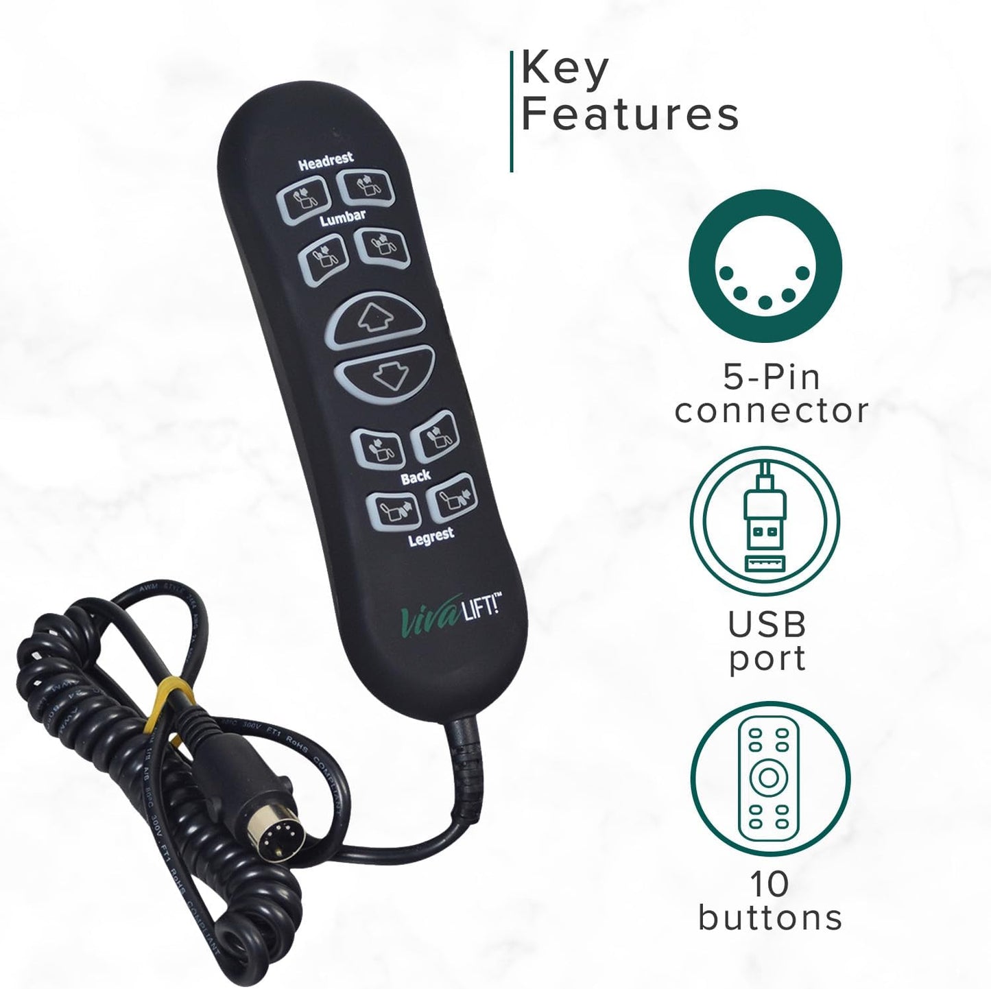 AlveyTech 10-Button 5-Pin Replacement Remote Hand Control for Pride VivaLift Lift Chair (Standard & Early Version Viva Lift 2) - (CTL1707190) for Standard & Early Version VivaLift 2 Models