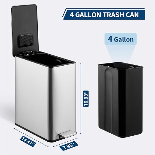GarveeHome 4 Gallon Step Trash Can, 15 Liter Stainless Steel Rubbish Bin - Image 3