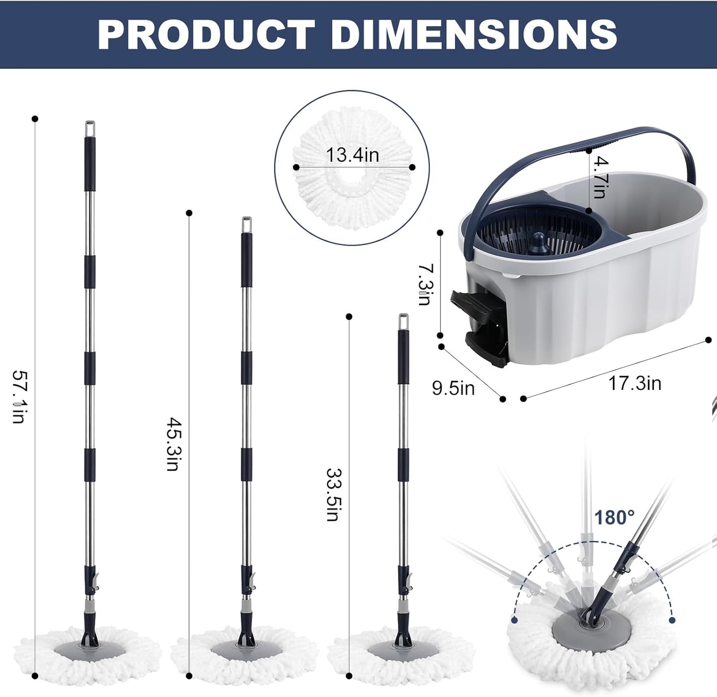 Spin Mop and Bucket Set 180° Swivel Mop Head Adjustable Telescopic Handle Dual Chamber Bucket 3 Refills Dual-Action Wringing Hand-Press Foot-Peda Hands-Free Self-Cleaning System for All Floor Types