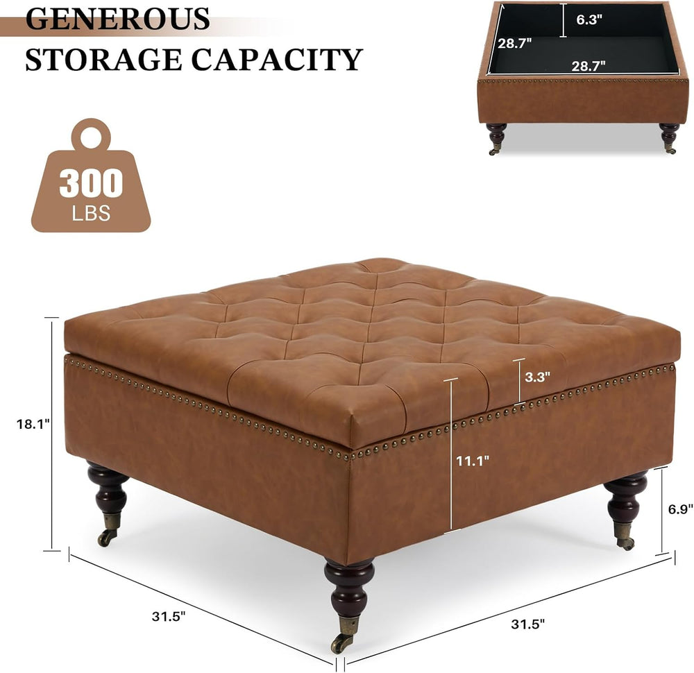 Square Ottoman Coffee Table, Large Leather Ottoman with Storage