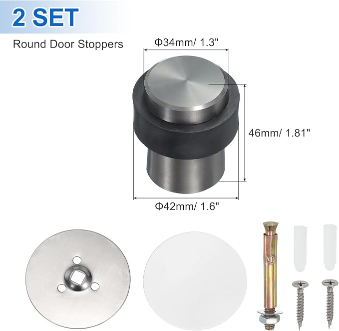 PATIKIL 2Set Round Door Stoppers, 46mm Stainless Steel Door Stop Doorstop Wedge - Image 2
