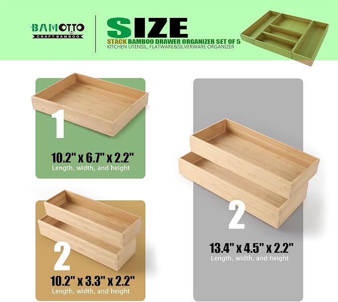 Stack Bamboo Drawer Organizer Set of 5, Kitchen Utensil, Flatware&Silverware - Image 2