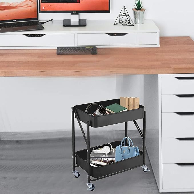 2-Tier Metal Folding Rolling Cart, Mobile Utility Cart Trolley Storage Organizer - Image 5