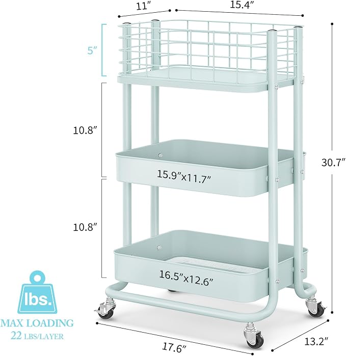 KINGRACK 3 Tier Rolling Cart, Metal Mobile Storage Shelf - Image 2