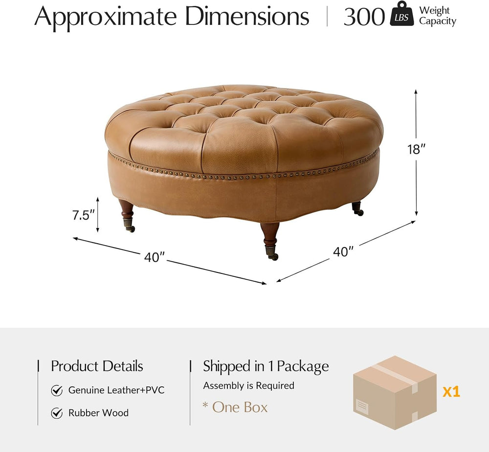 HULALA HOME 40" Genuine Leather Coffee Table with Rolling Wheels, Camel
