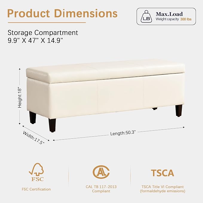 HUIMO Faux Leather Storage Ottoman Bench 50.3 inch Extra Long Upholstered - Image 2