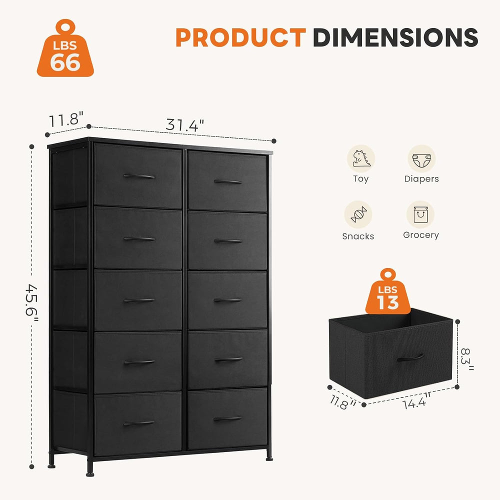 Sweetcrispy Black Dresser for Bedroom with 10 Drawers, Tall Dressers