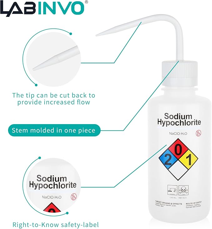 Sodium Hypochloride Wash Bottles, Narrow Mouth, Self-Venting Safety Wash Bottles - Image 4