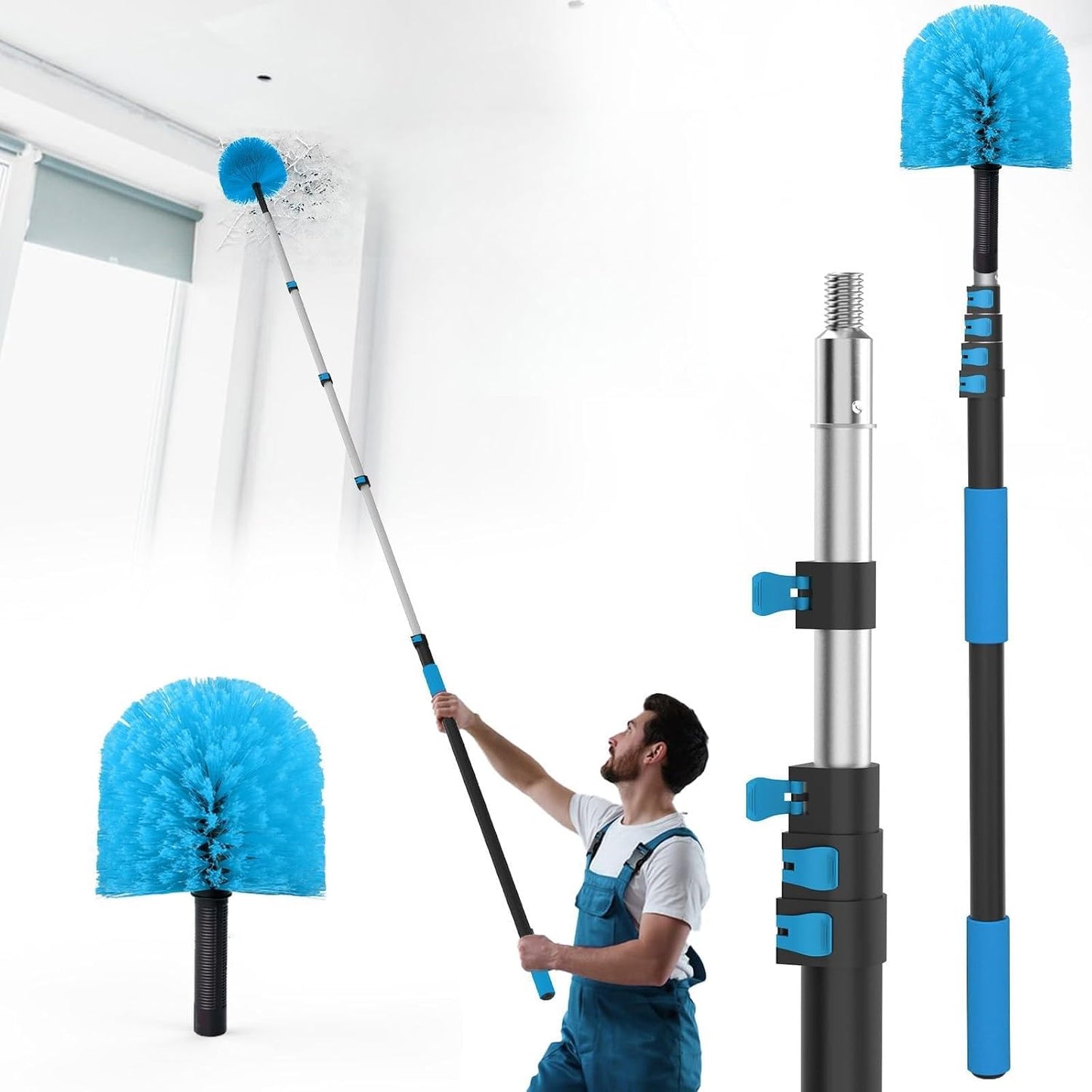 26FT Reach Cobweb Duster with Extension Pole - Spider Web Brush for Cleaning with 5-20FT 4-Section Flip-Lock Telescopic Pole, Effortlessly Cleans High Indoor & Outdoor Webs