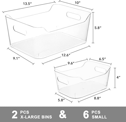 Tiawudi Set of 8 Clear Plastic Storage Bins, 2 Extra Large and 6 Small Storage - Image 2