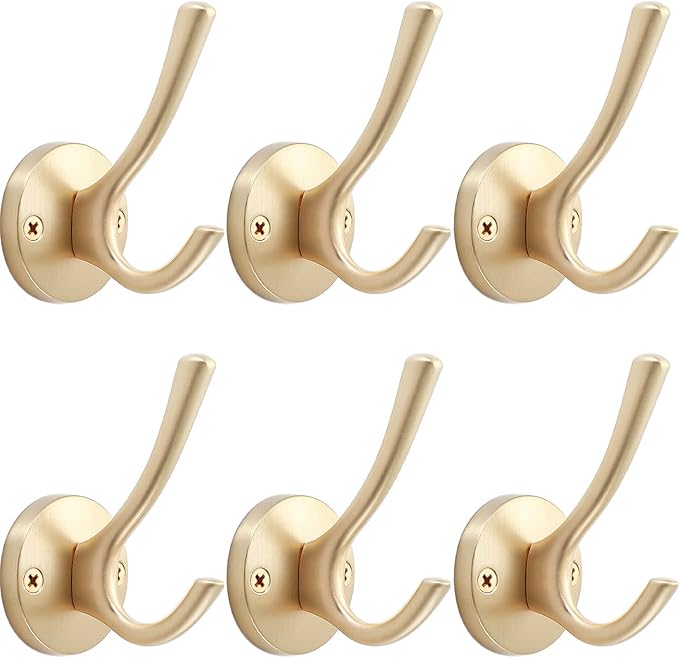 Gold Wall Hooks, 6 Pack Coat Robe Hook Heavy Duty Metal Double Bath Hook Wall by TOFIIGREM