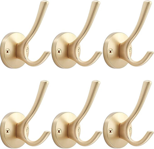 Gold Wall Hooks, 6 Pack Coat Robe Hook Heavy Duty Metal Double Bath Hook Wall by TOFIIGREM