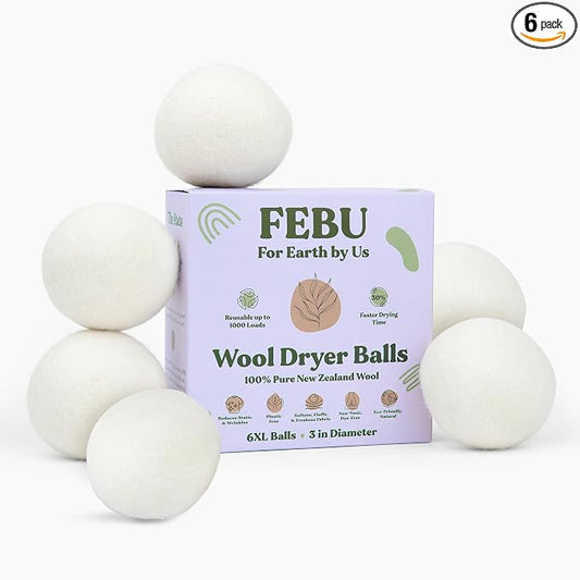 FEBU Wool Dryer Balls, XL | 100% New Zealand Wool | Natural, Reusable Fabric by FEBU