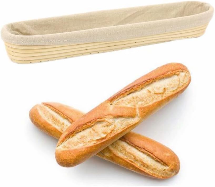 15 inches Baguette Banneton Bread Proofing Basket and Linen Liner Set 2 Pack, Sourdough Proofing Basket Round Proofing Bowls Handmade Rattan Baskets Perfect for Professional & Home Bread Baking