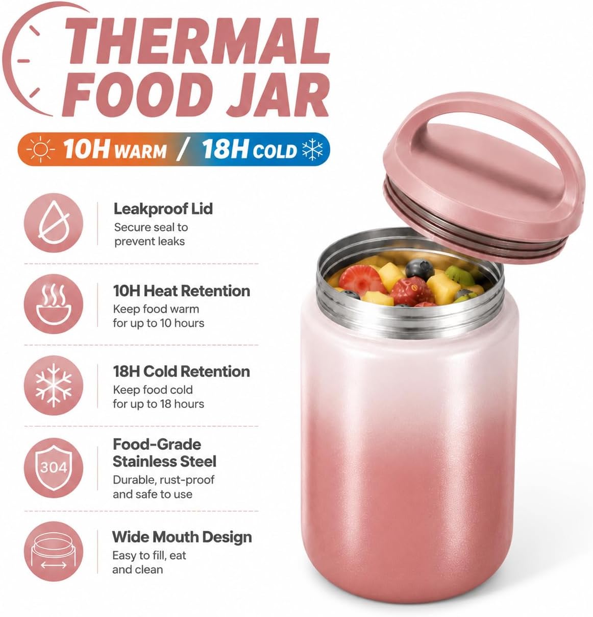 Wide Mouth Thermo for Hot Food and Cold Food 27oz Stainless Steel Vacuum Insulated Food Jar Leak-Proof Soup Jar for Adults Kids, Portable Breast Milk Cooler(Pink)