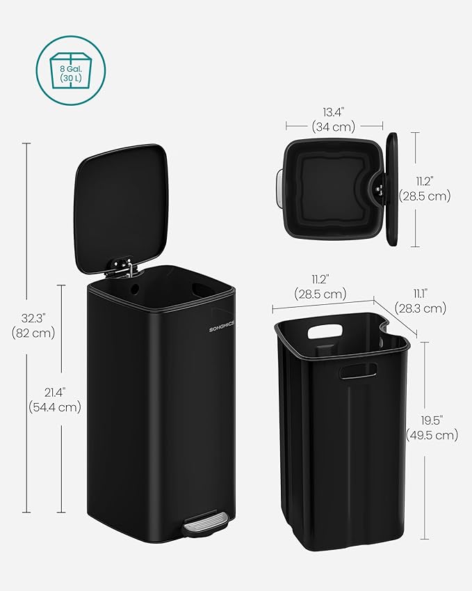 SONGMICS Kitchen Trash Can, 8-Gallon Trash Bin, Stainless Steel Garbage Can - Image 7