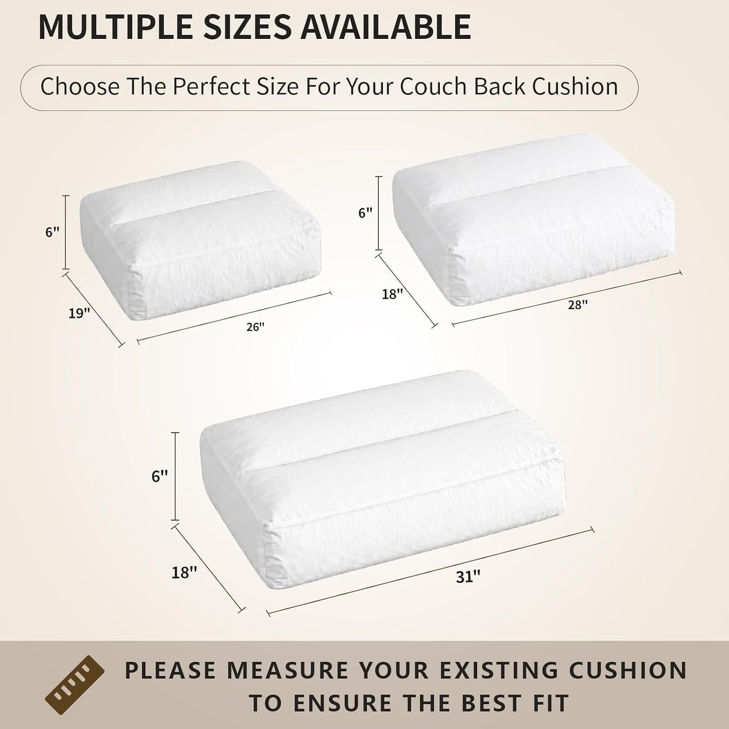 3 Pack Couch Back Cushion Replacement, 6 Inch Thick Supportive Sofa Backrest Pillow Insert with Odorless Shredded Memory Foam for Couch, Loveseats, Sectionals, 31"x18"x6"