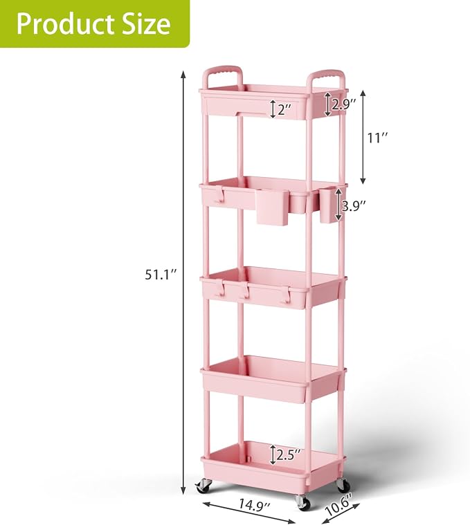 5 Tier Rolling Cart Organizer, Bathroom Cart Organizers - Image 3