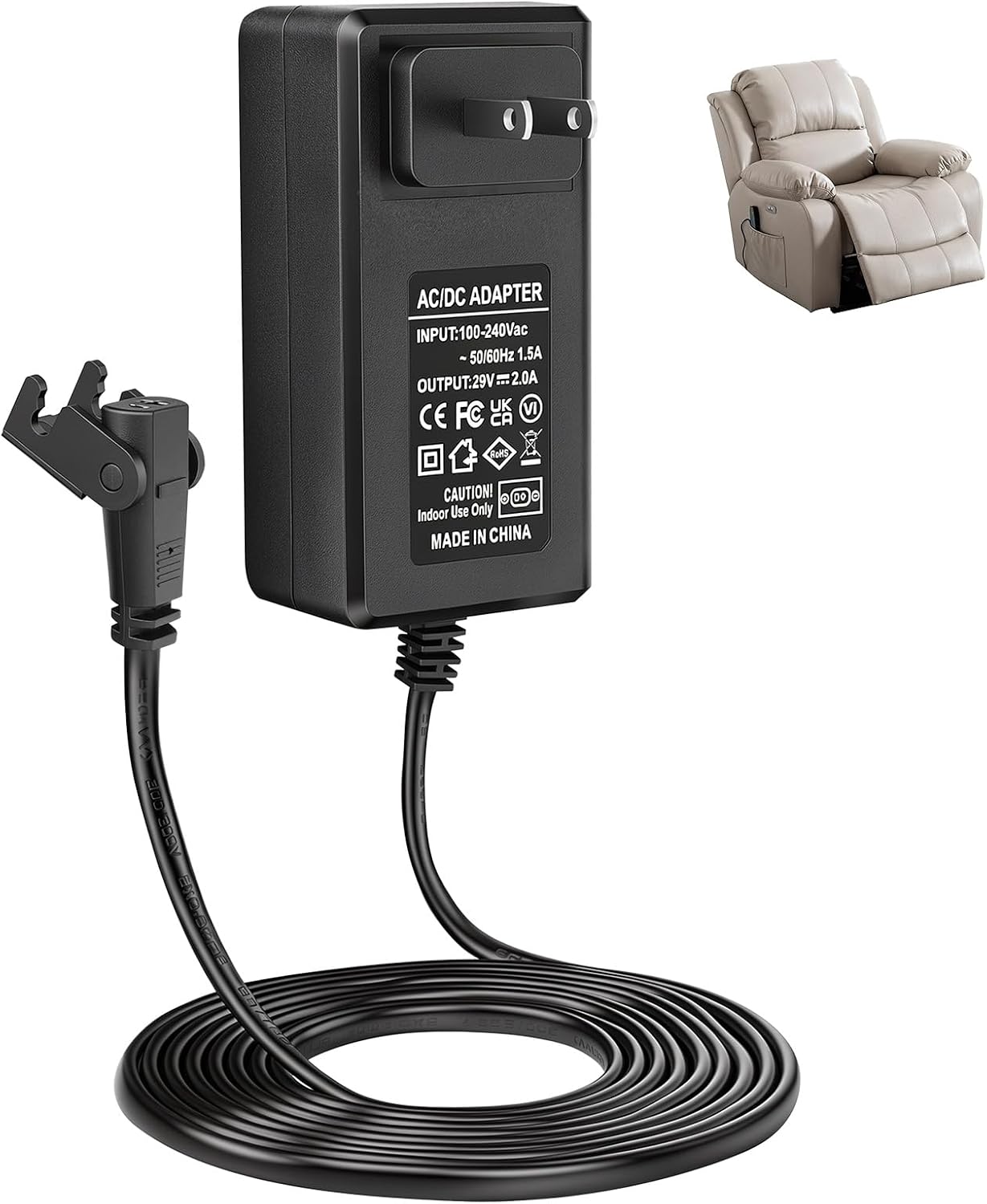 Recliner Power Supply 29V 2A Power Cord Replacement, Universal AC/DC Adapter for Electric Lift Chair, Reclining Sofa, Adjustable Bed Base, 2-Pin Connector