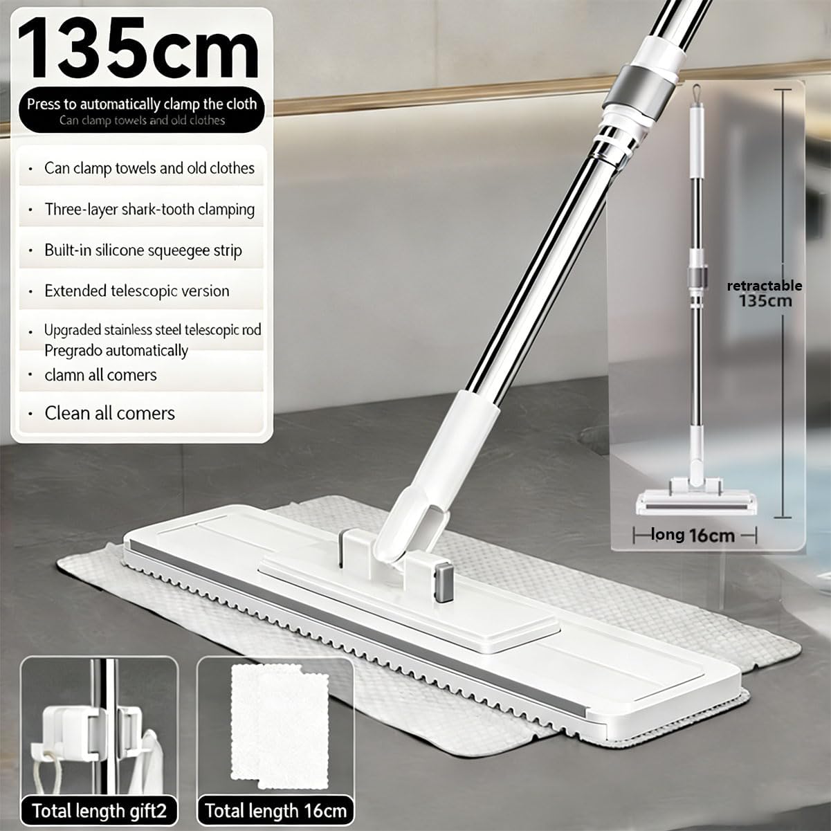 Hands Free Multi Purpose Flat Mop - Lazy Cleaning & Face Towel, Hands Free Flat Mop, Zero Touch Mini Grip Mops, Self-Locking Flats Compatible with Any Cloth, for Walls, Floors, Ceilings (43.31in)