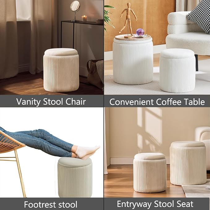 Round Ottoman with Storage Set of 2-Upholstered Velvet Vanity Stool - Image 4