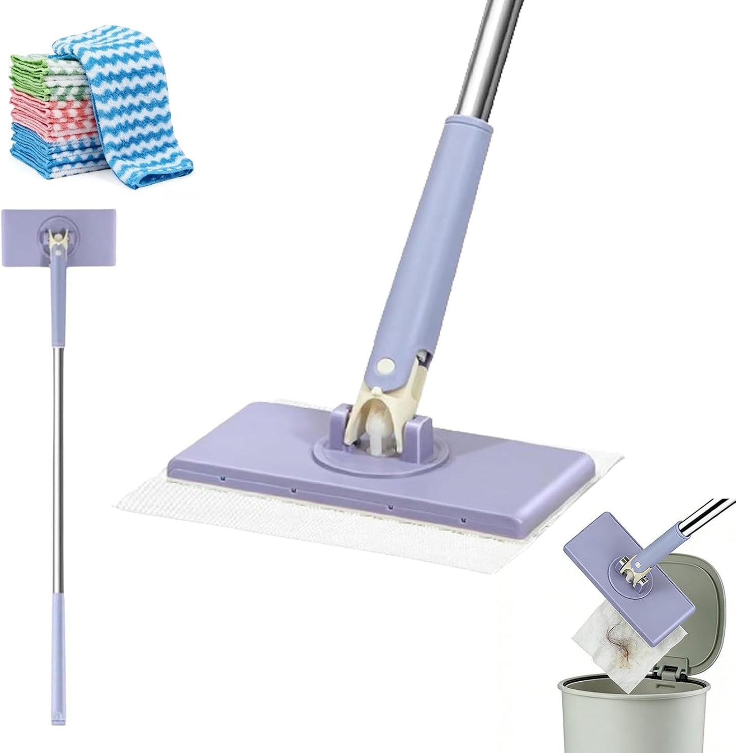 Hands Free Flat Mop,Cloth Changing Mini Mop,35inch Long Handle Mopping Stick,360° Swivel Head,Dry and Wet Use,Ideal for Tight Corners(Purple,6 Cloth)