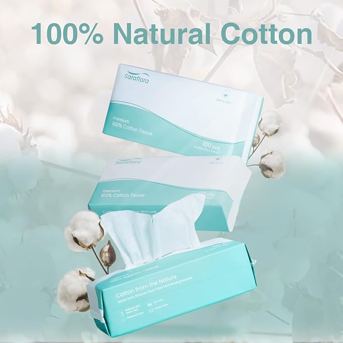 Saraflora 100% Cotton Facial Tissue Soft Dry Wipe 6 Pack, Use - Image 2