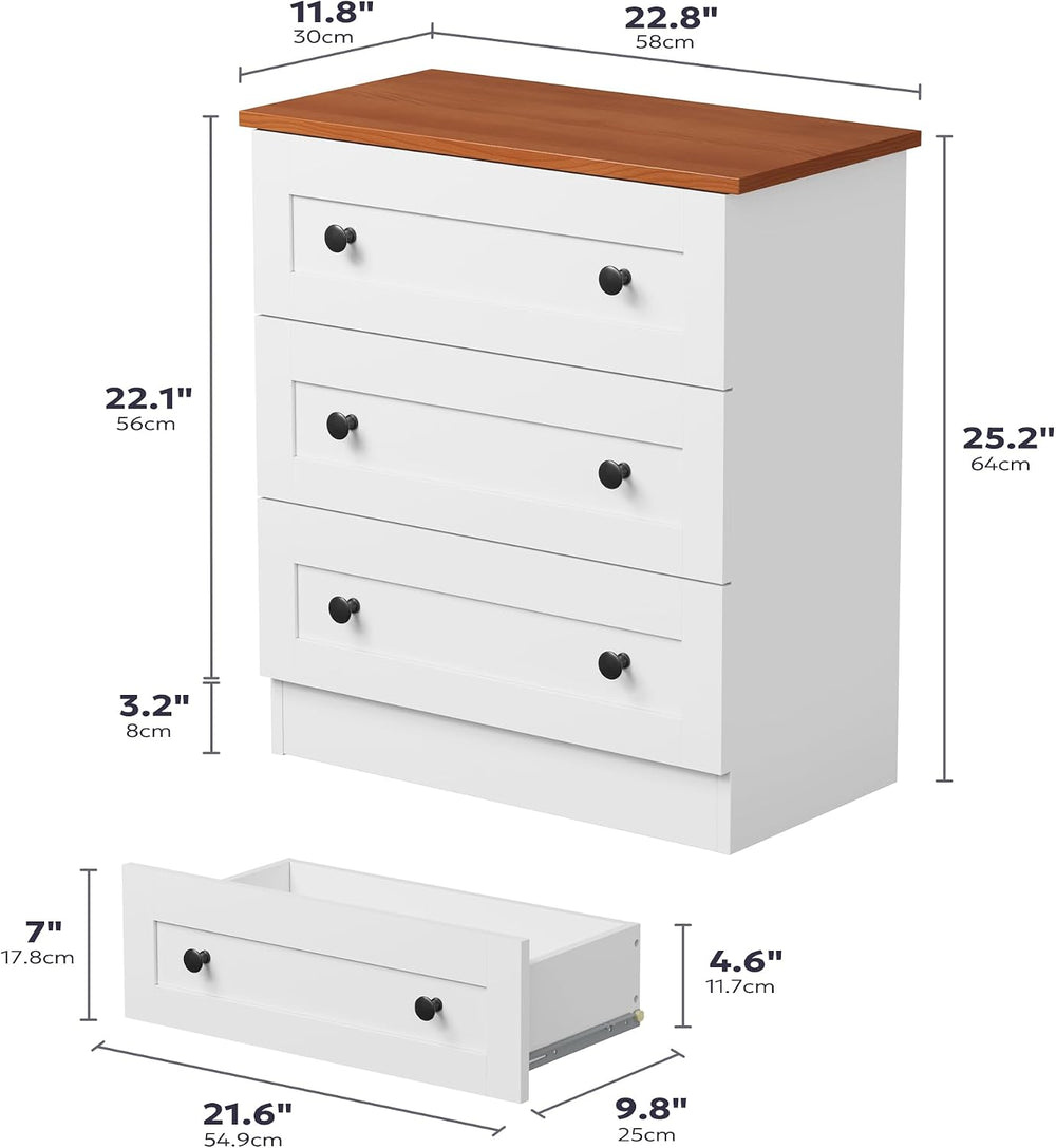 Furnify Farmhouse 3 Drawer Dresser, Small Chests of Drawers, White & Walnut