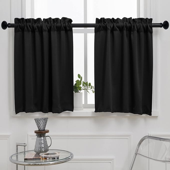 Pickluc Black Cafe Curtain 36 Inches Length, Rod Pocket Small Kitchen Curtain by PICKLUC
