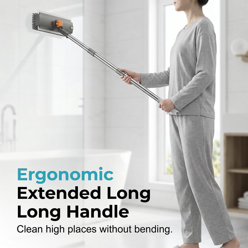 Floor Scrub Brush with Long Handle, 3 in 1 Scrape and Heavy-Duty Stiff Bristle Scrubber Brush, 2-in-1 Floor Brush with Built-in Squeegee, 3 in 1 Floor Scrub Brush (White-1PC)