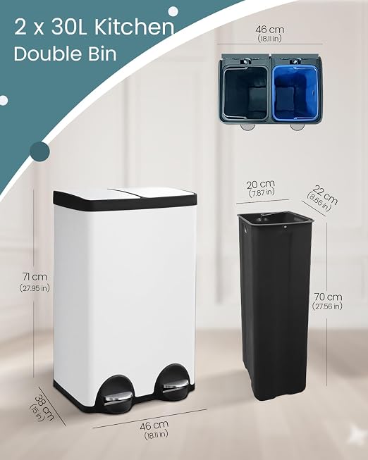 Dual Compartment Stainless Steel Trash Can, 16 Gallon / 60 Liters White Kitchen - Image 3