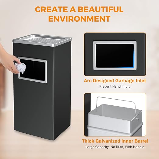 BEAMNOVA Trash Can Indoor Outdoor Black Stainless Steel Commercial Garbage Can - Image 4