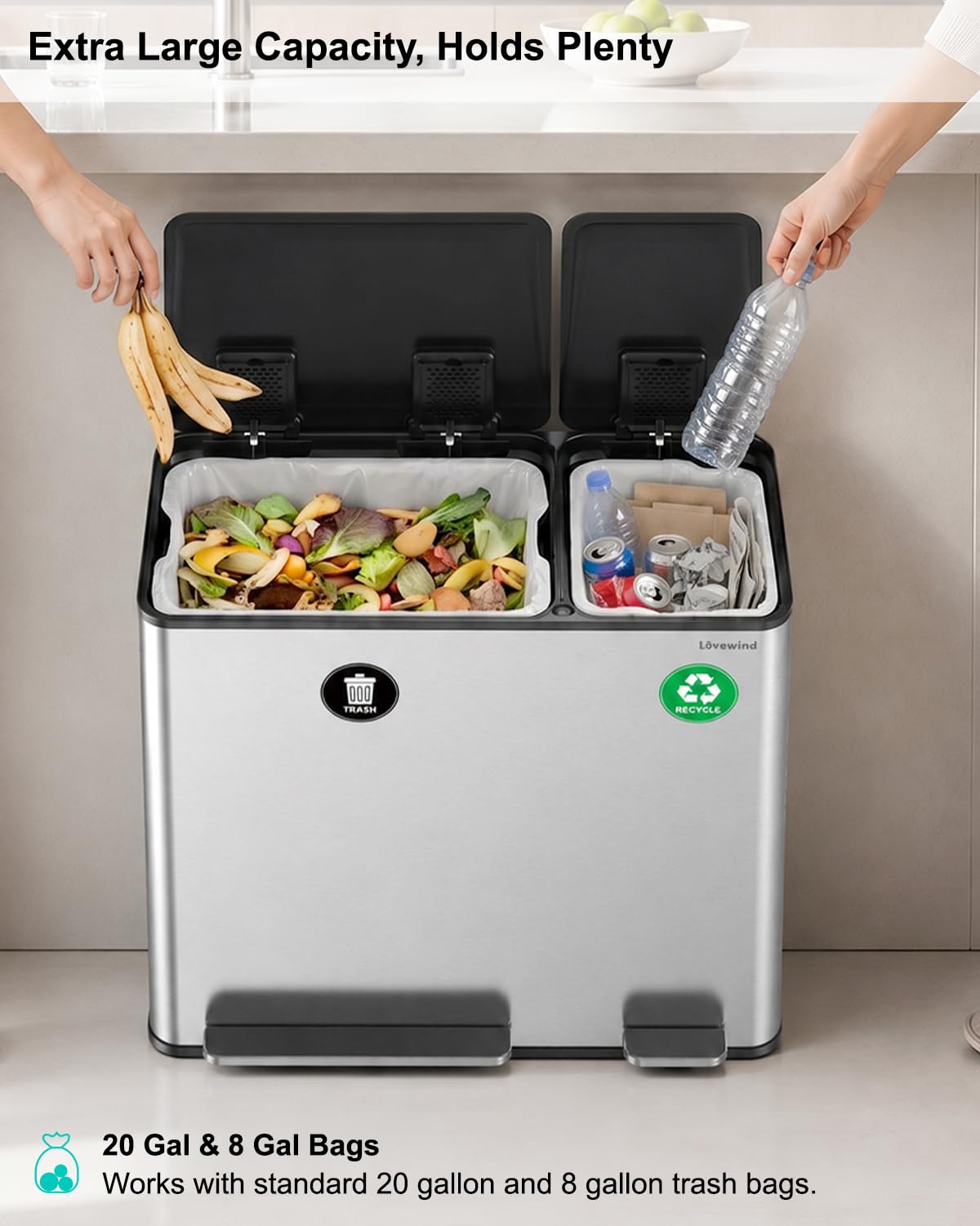 Dual Trash and Recycling Bins for Kitchen, 19+8 Gallon (72+30L) Stainless Steel Trash and Recycle Bin Combo with Soft-Close Lid, Large Garbage Cans for Kitchen Home with 2 Magnets Sticker, Silver