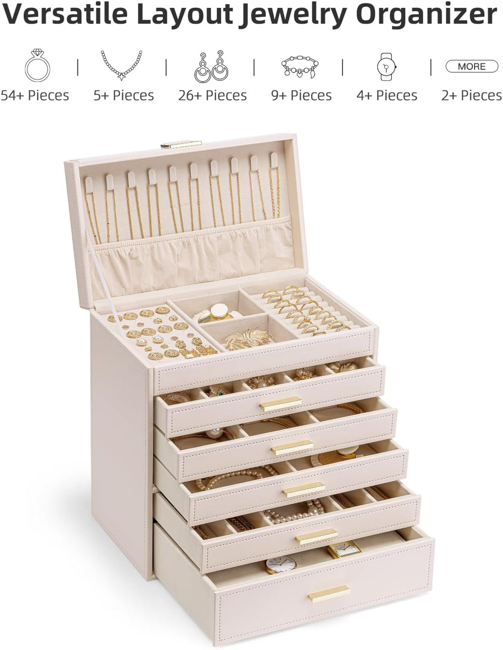 VLANDO Large Jewelry Box, 6 Layer Storage Organizer, Removable Dividers