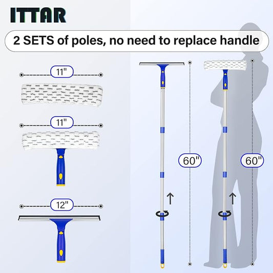 ITTAR Window Squeegee with 2 Sets Stainless Steel Pole, Squeegee Cleaning Tools - Image 2