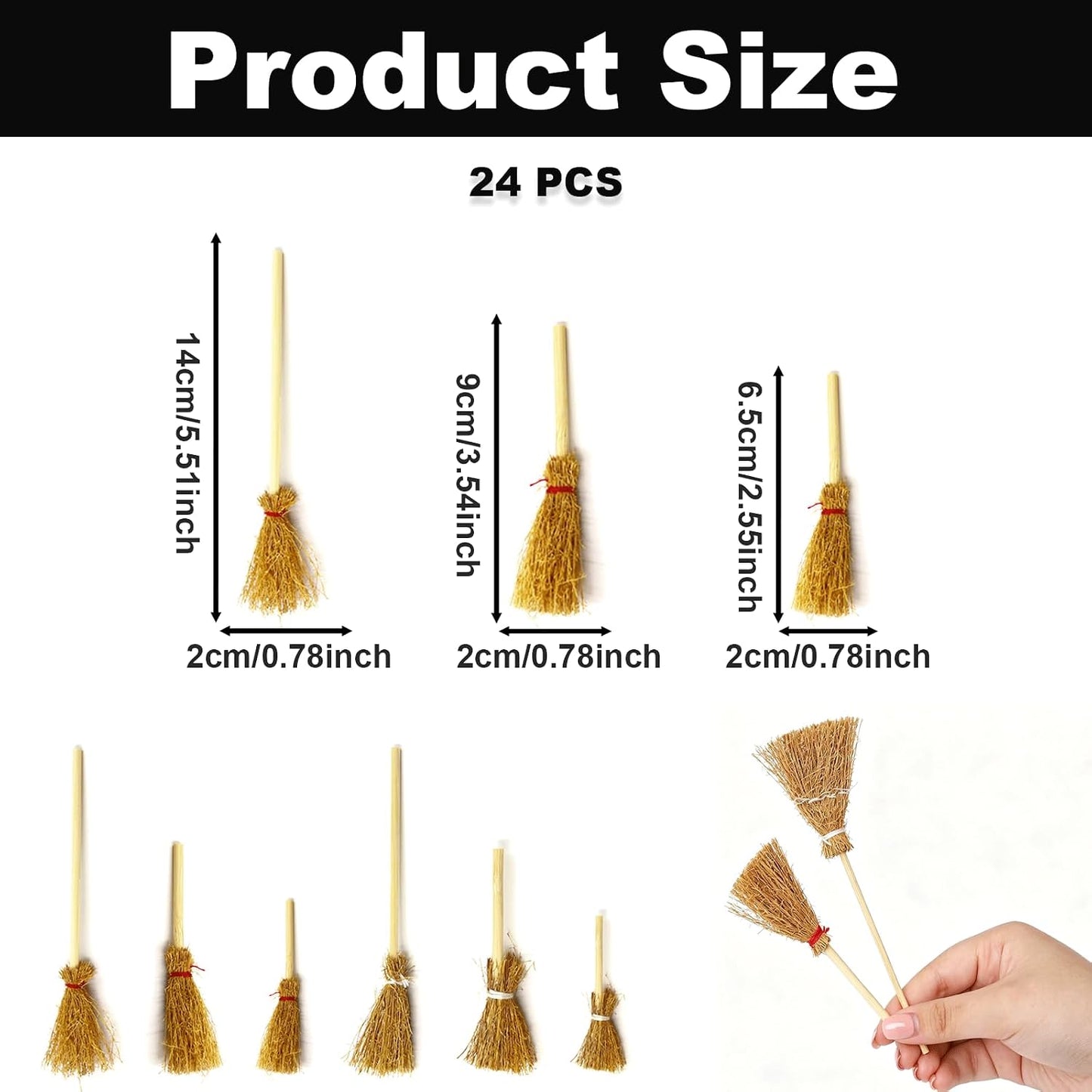 24 Pcs Mini Witch Broom Decorations, 3 Sizes Natural Straw Broom Props with Red/White Ropes, Miniature Broom Ornaments for Halloween Party Favors Cosplay Dollhouse Home Decor & DIY Crafts Supplies