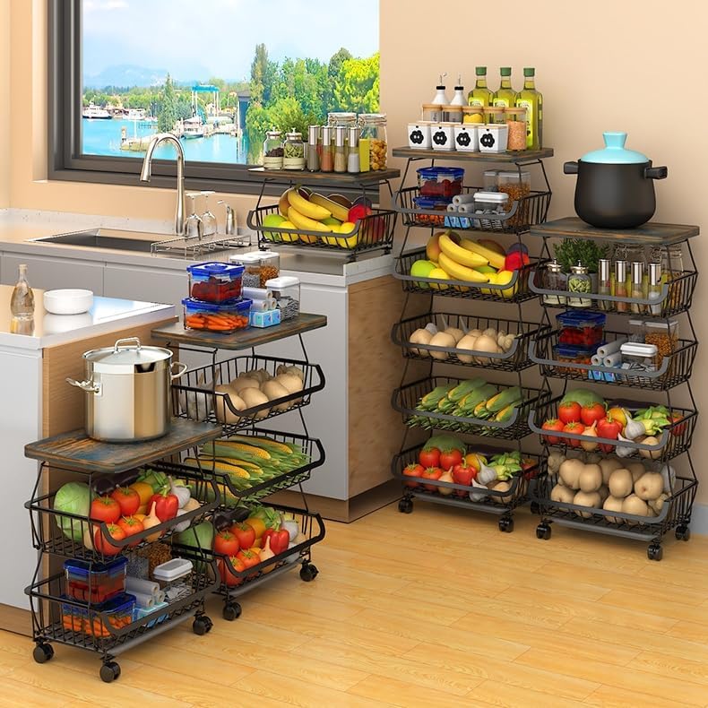 Metal Wire Baskets with Wheels, Kitchen Organizer, 6 Tier Stackable Storage C...