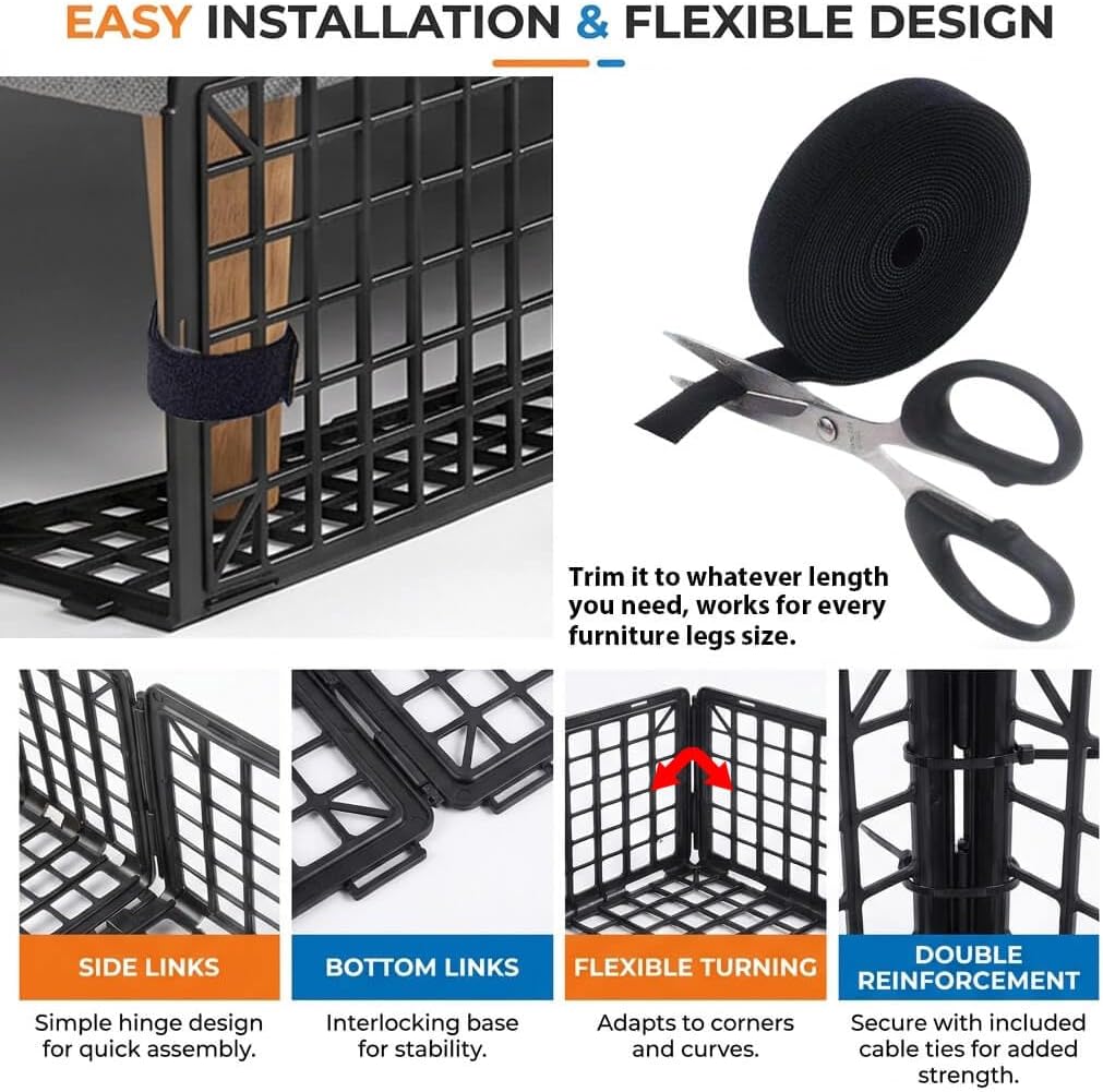 12Pcs Under Couch Blocker for Bed Adjustable Furniture Plastic Under Bed Blocker with 32ft Cut-to-Size Hook & Loop Secured Furniture Feet Ties & 40 Ties, Black Couch Barriers for Dogs Pets Cat