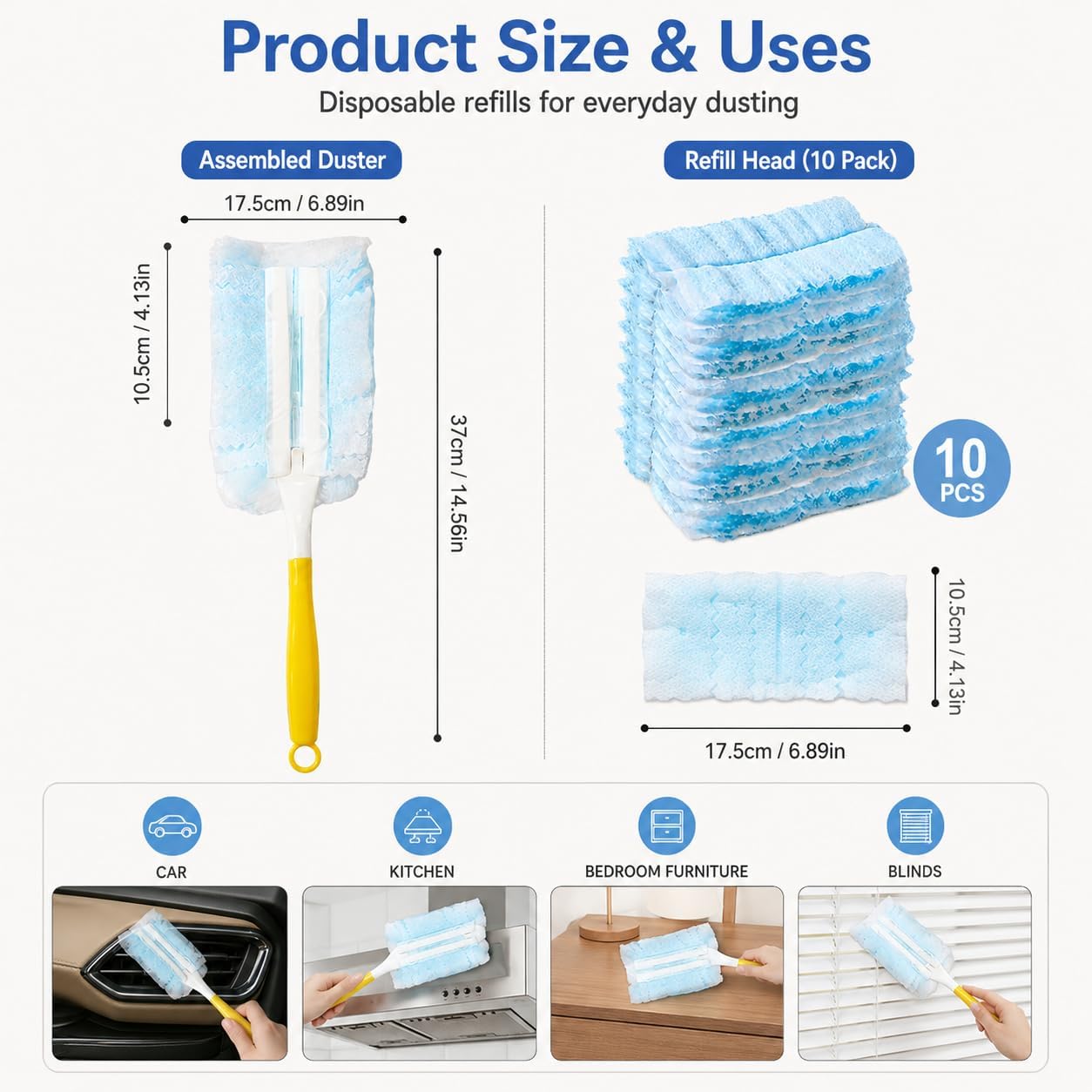10pcs Duster Refills, Microfiber Cleaning Tools with 1 Handle, Electrostatic Duster Replacement Head, Disposable Cleaning Supplies for Car Kitchen Bedroom Furniture Blinds