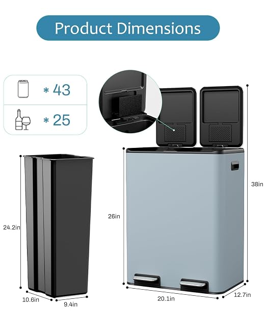 16 Gal Dual Trash Can, Stainless Steel Kitchen Garbage Bin, Recycle Dustbin - Image 2