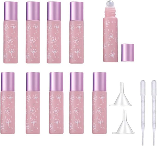 10 Pcs Pink Glass Essential Oil Roller Bottles, 10ml Refillable Roll-on Bottles by YORROR