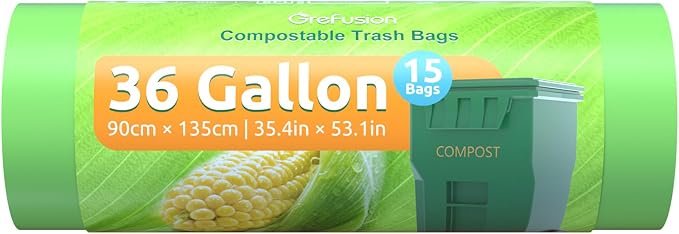 GreFusion Compostable 36 gallon Trash Bags, Extra Thick 1.28 Mills, Compost 36 by GreFusion